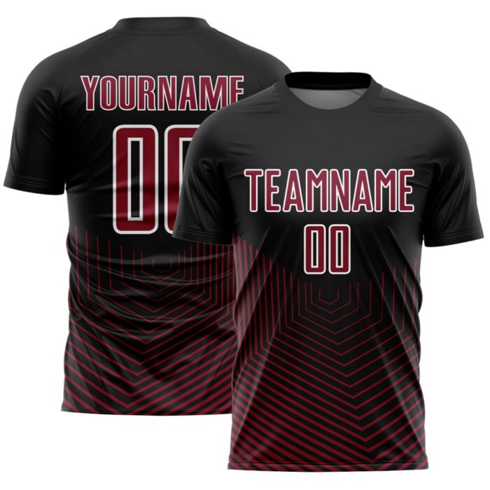 Custom Black Crimson-White Geometric Lines Sublimation Soccer Uniform Jersey - Image 1