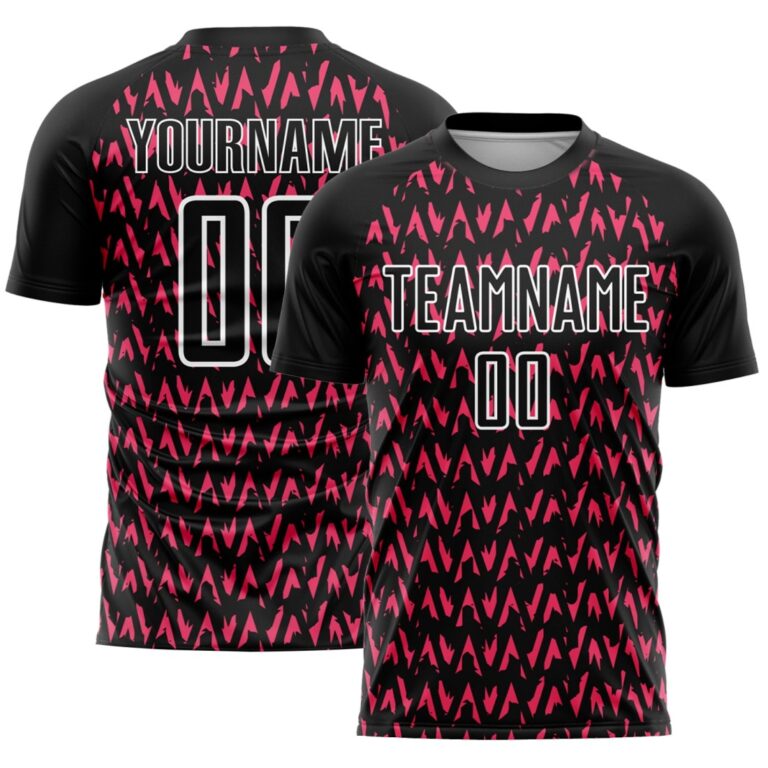 Custom Black Hot Pink-White Abstract Geometric Pattern Sublimation Soccer Uniform Jersey - Image 1