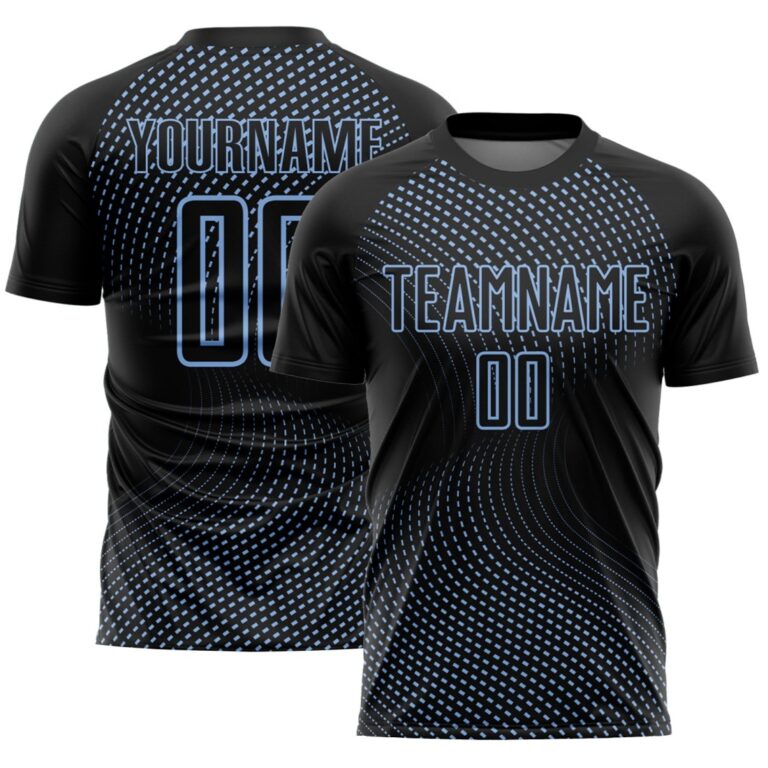 Custom Black Light Blue Geometric Lines Sublimation Soccer Uniform Jersey - Image 1