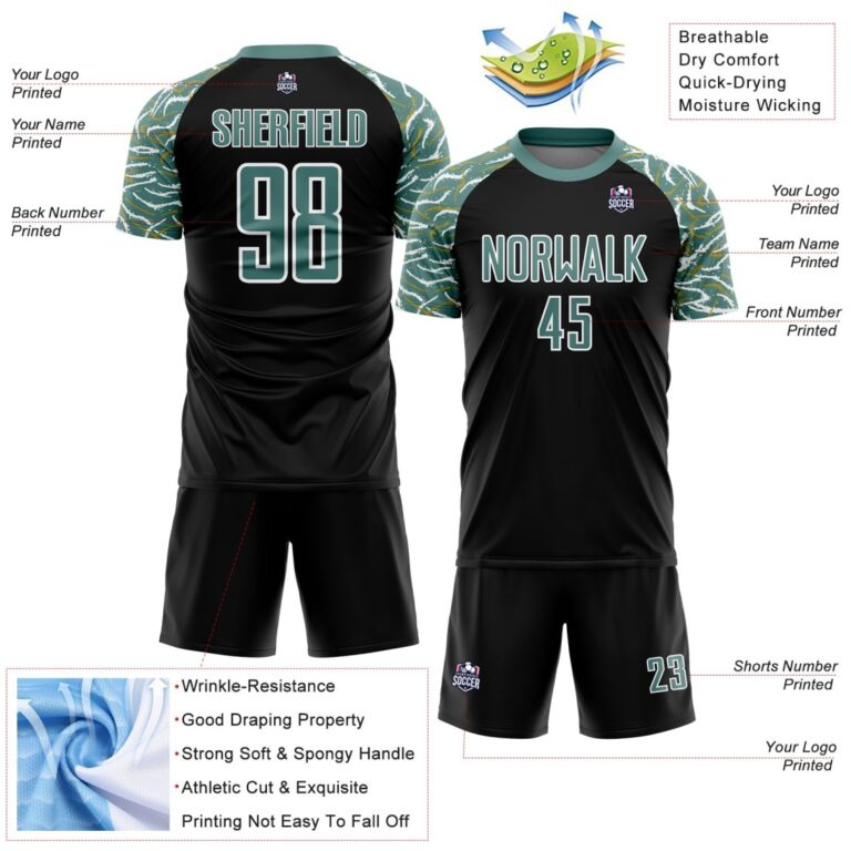 Custom Black Midnight Green-White Curved And Wavy Lines Sublimation Soccer Uniform Jersey - Image 5