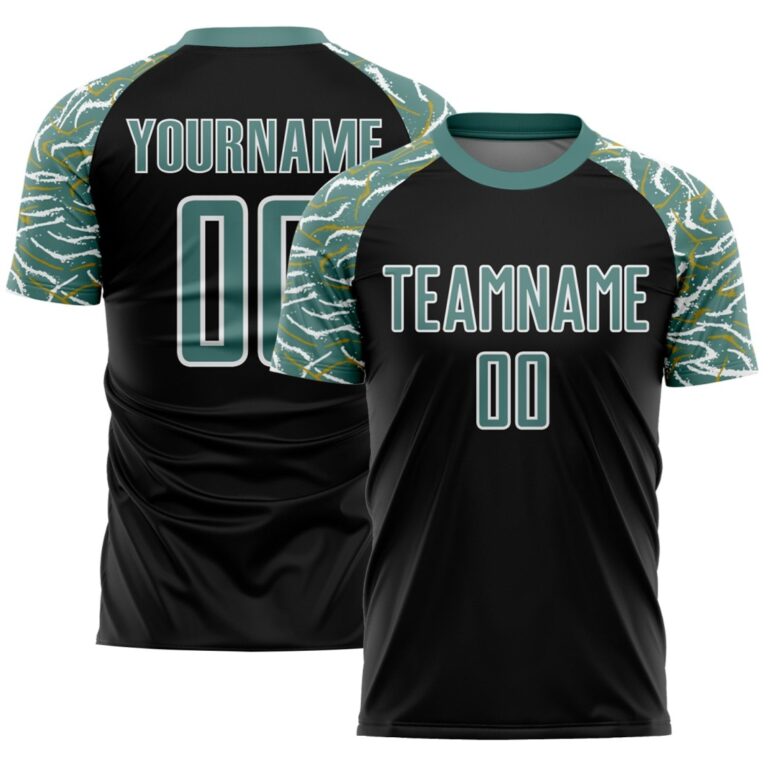 Custom Black Midnight Green-White Curved And Wavy Lines Sublimation Soccer Uniform Jersey - Image 1