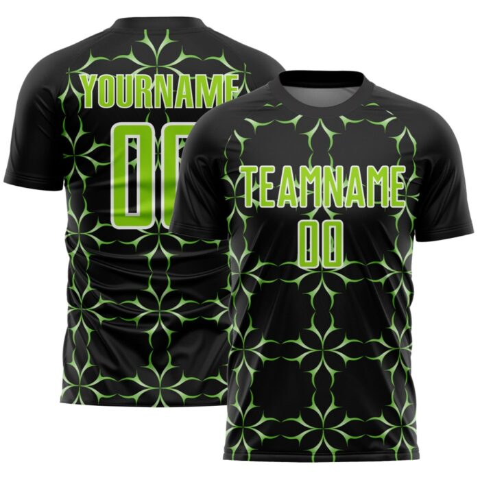 Custom Black Neon Green-White Damask Pattern Sublimation Soccer Unifor - Image 1