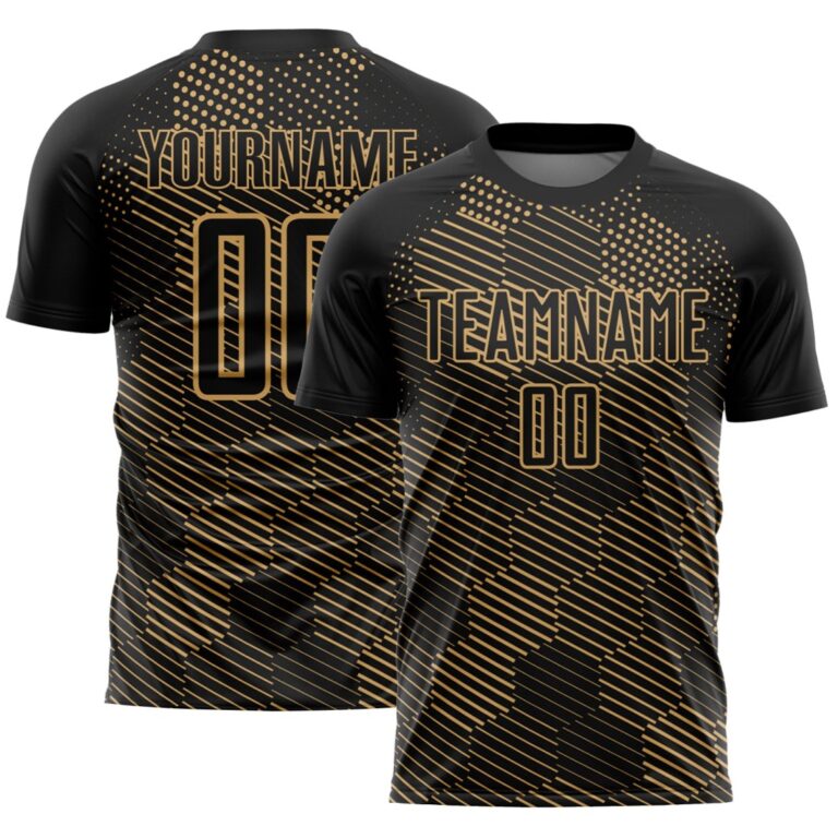 Custom Black Old Gold Abstract Hexagon Sublimation Soccer Uniform Jersey - Image 1