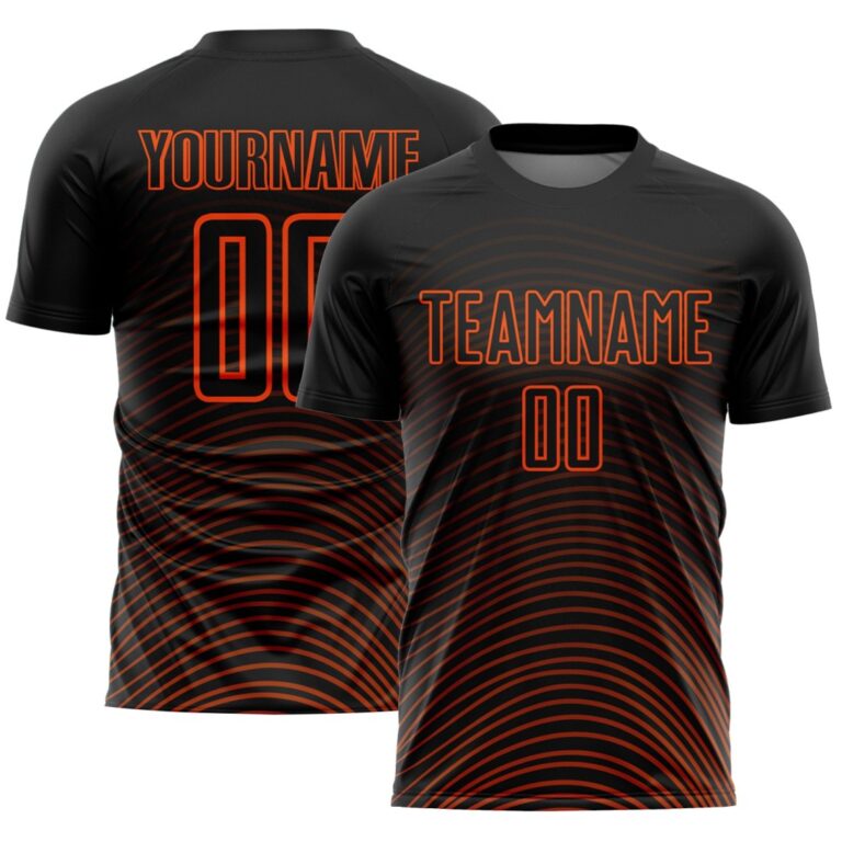 Custom Black Orange Gradient Geometric Lines Sublimation Soccer Uniform Jersey - Image 1