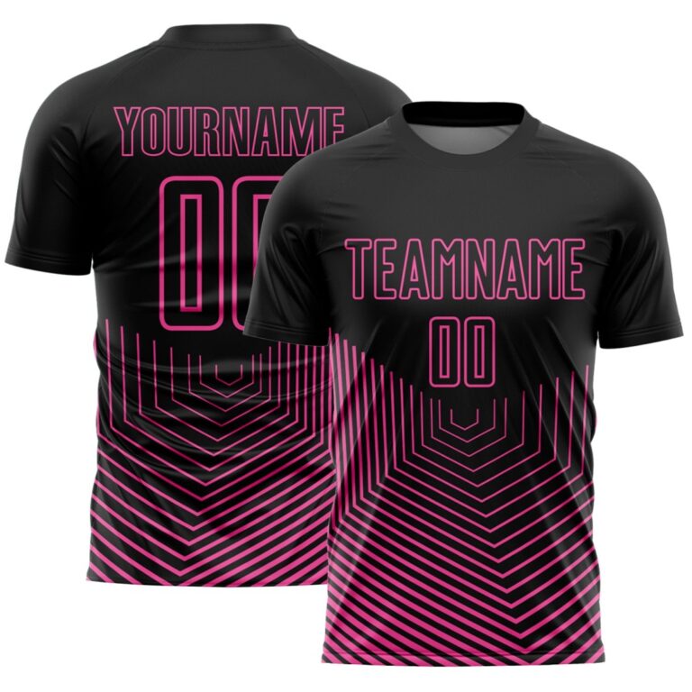 Custom Black Pink Geometric Lines Sublimation Soccer Uniform Jersey - Image 1