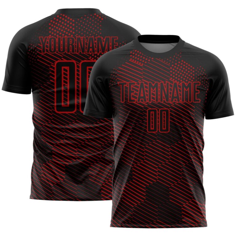 Custom Black Red Abstract Hexagon Sublimation Soccer Uniform Jersey - Image 1