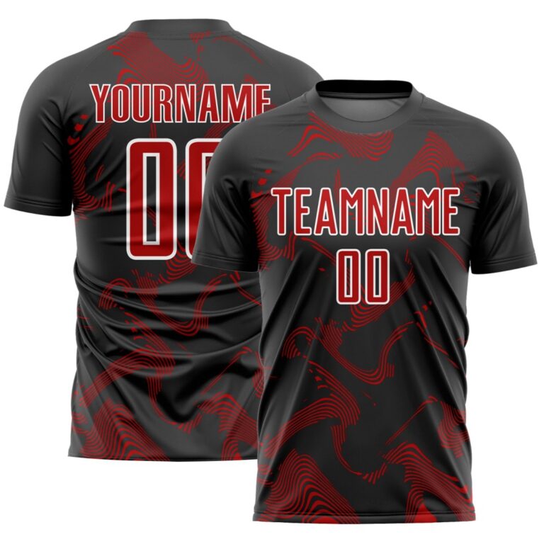 Custom Black Red-White Curve Lines Sublimation Soccer Uniform Jersey - Image 1