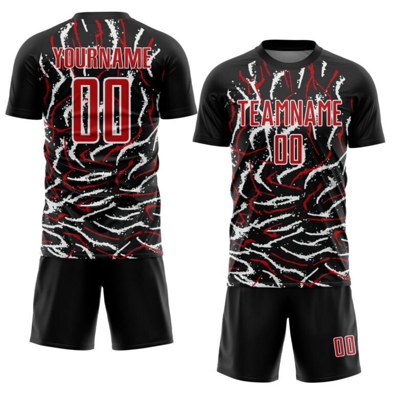 Custom Black Red-White Curved And Wavy Lines Sublimation Soccer Uniform Jersey - Image 2