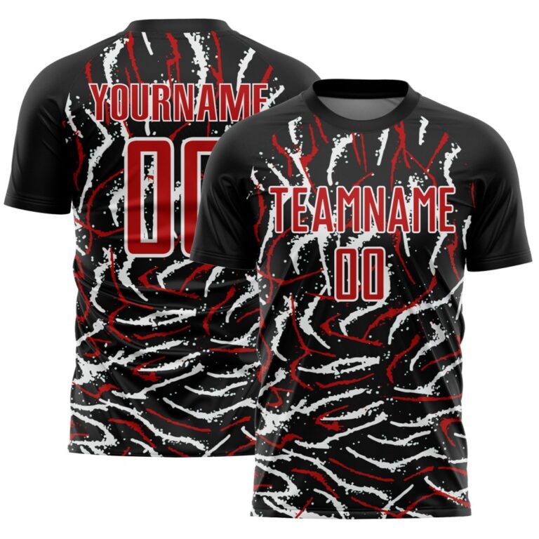 Custom Black Red-White Curved And Wavy Lines Sublimation Soccer Uniform Jersey - Image 1
