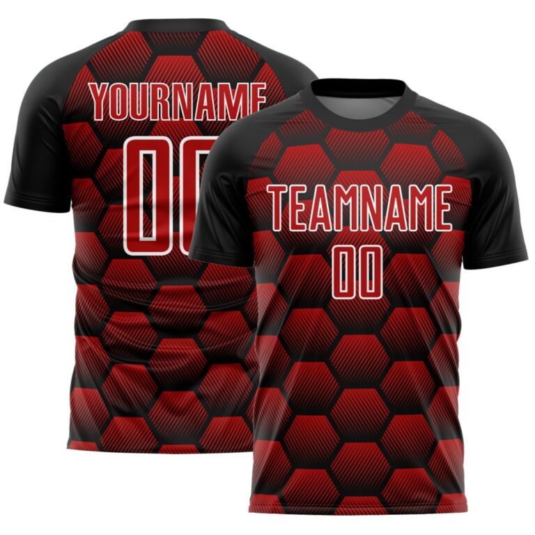 Custom Black Red-White Hexagons Pattern Sublimation Soccer Uniform Jersey - Image 1