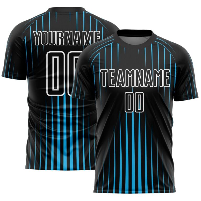 Custom Black Sky Blue-White Lines Sublimation Soccer Uniform Jersey - Image 1