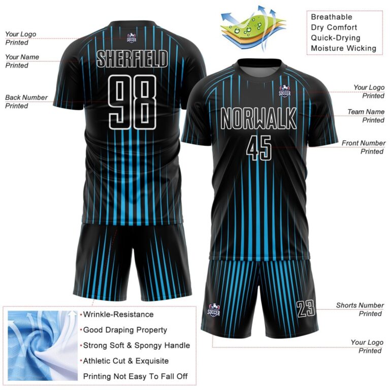 Custom Black Sky Blue-White Lines Sublimation Soccer Uniform Jersey - Image 5