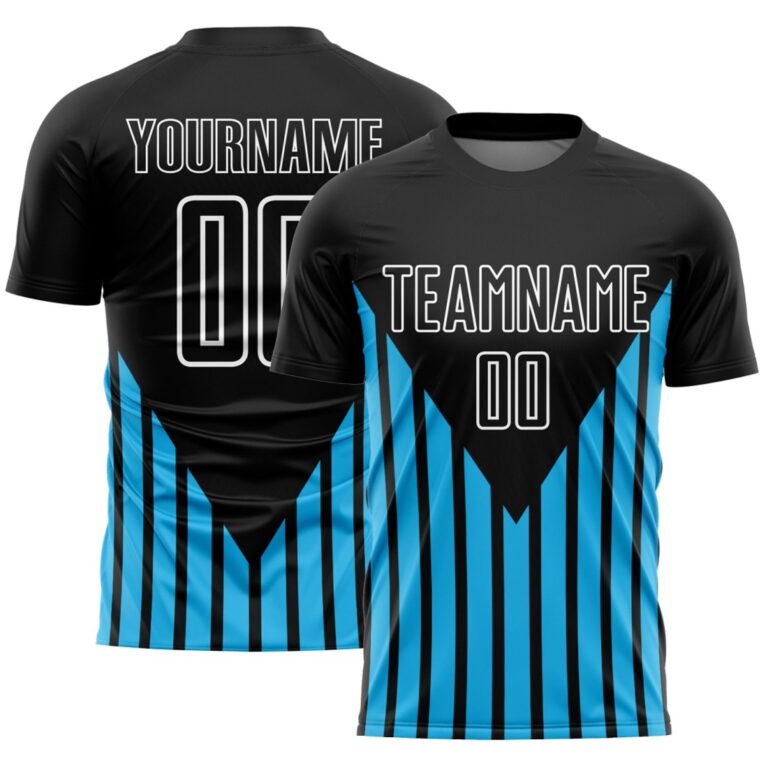 Custom Black Sky Blue-White Lines Sublimation Soccer Uniform Jersey - Image 1