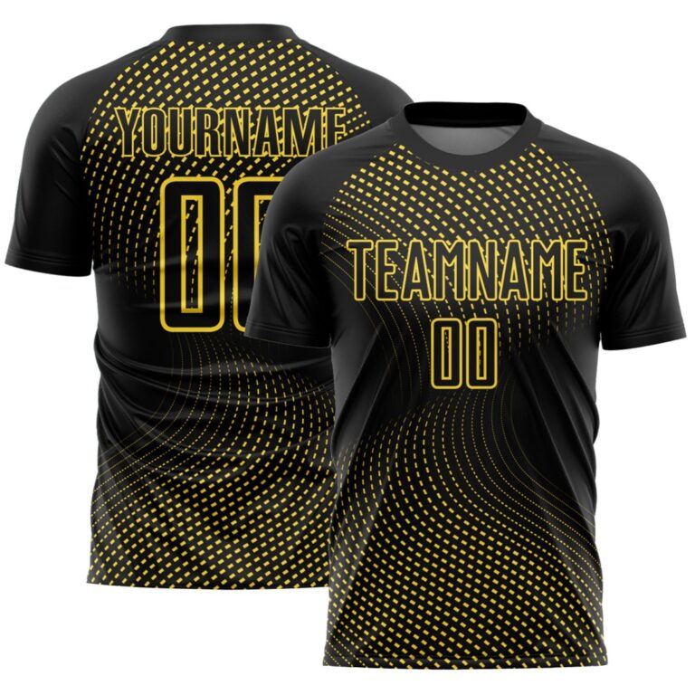Custom Black Yellow Geometric Lines Sublimation Soccer Uniform Jersey - Image 1