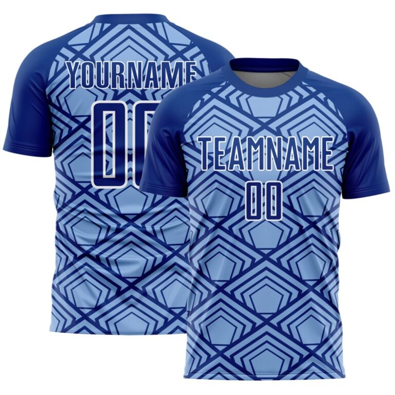 Custom Light Blue Royal-White Geometric Pattern Sublimation Soccer Uniform Jersey - Image 1