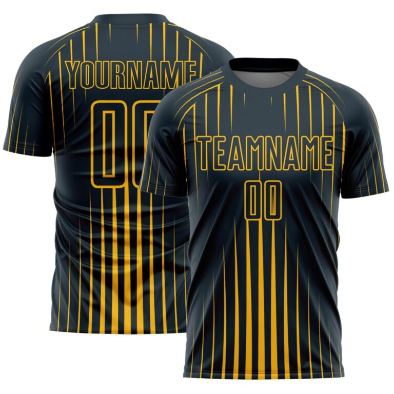 Custom Navy Gold Lines Sublimation Soccer Uniform Jersey - Image 1
