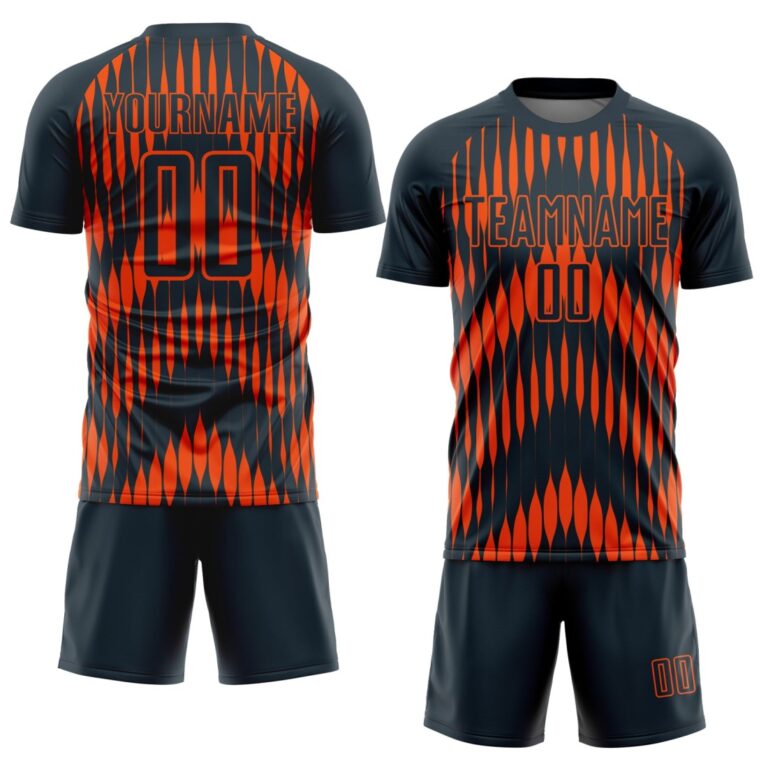 Custom Navy Orange Abstract Triangle Sublimation Soccer Uniform Jersey - Image 2