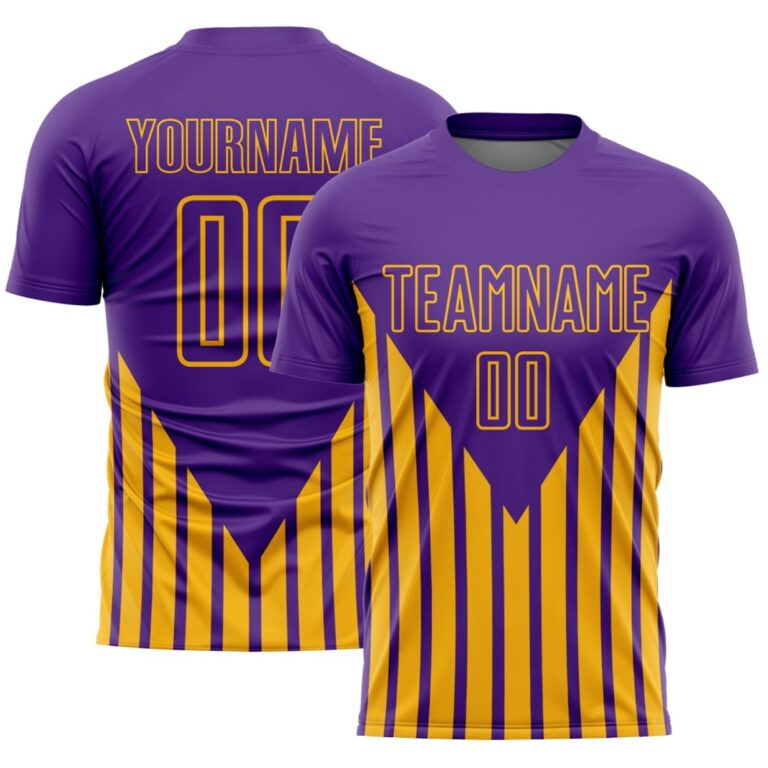 Custom Purple Gold Lines Sublimation Soccer Uniform Jersey - Image 1