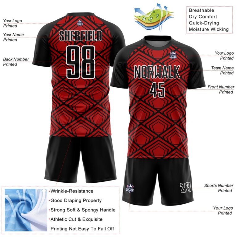 Custom Red Black-White Geometric Pattern Sublimation Soccer Uniform Jersey - Image 5