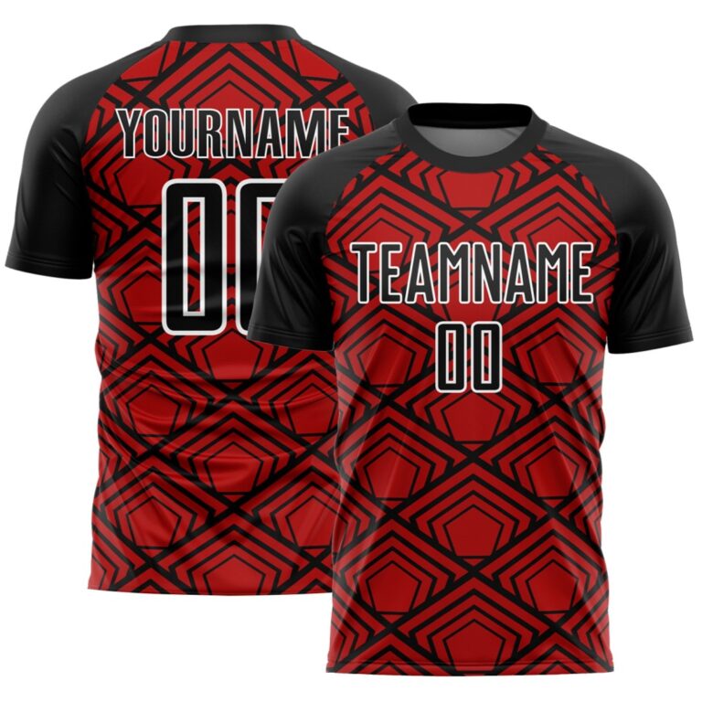 Custom Red Black-White Geometric Pattern Sublimation Soccer Uniform Jersey - Image 1
