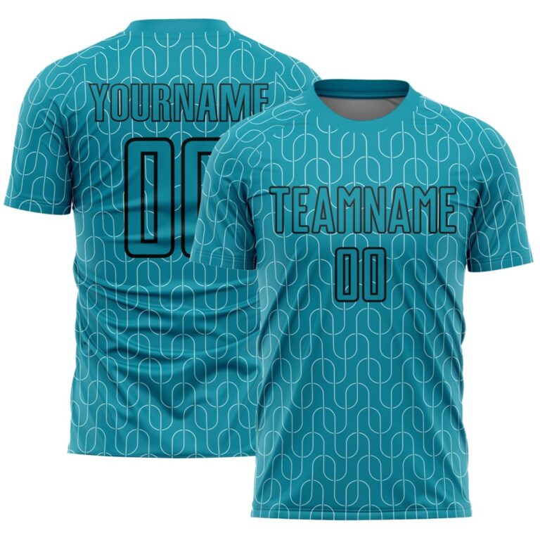 Custom Teal Black Geometric Pattern Sublimation Soccer Uniform Jersey - Image 1