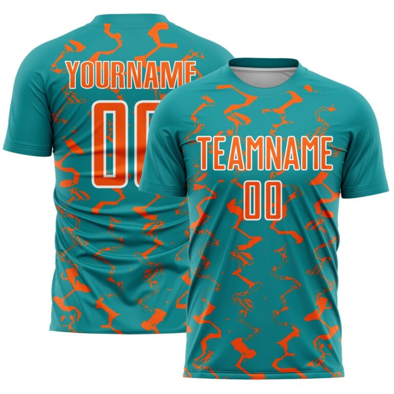 Custom Teal Orange-White Abstract Lines Sublimation Soccer Uniform Jersey - Image 1
