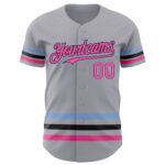 Custom Gray Pink Black-Light Blue Line Authentic Baseball Jersey - Image 2
