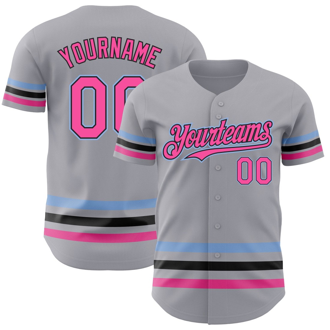 Custom-Gray-Pink-Black-Light-Blue-Line-Authentic-Baseball-Jersey.jpg Custom Gray Pink Black-Light Blue Line Authentic Baseball Jersey - Image 1