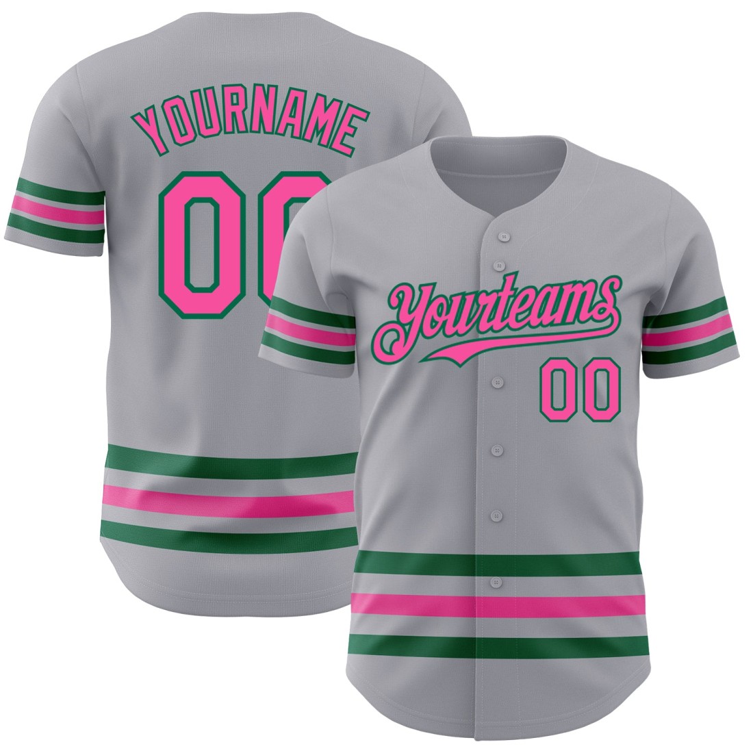 Custom-Gray-Pink-Kelly-Green-Line-Authentic-Baseball-Jersey.jpg Custom Gray Pink-Kelly Green Line Authentic Baseball Jersey - Image 1