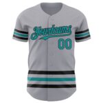 Custom Gray Teal-Black Line Authentic Baseball Jersey - Image 2