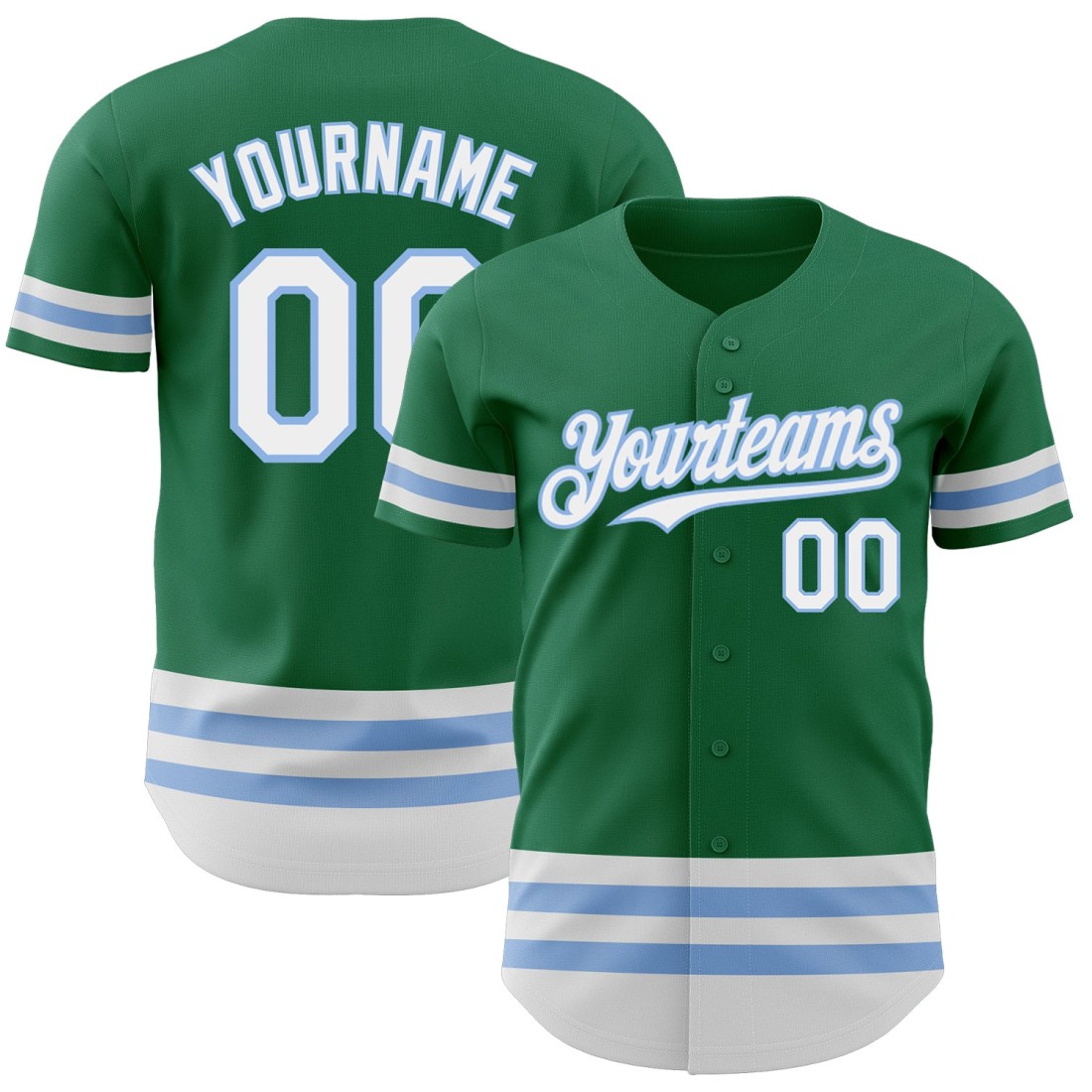 Custom-Kelly-Green-White-Light-Blue-Line-Authentic-Baseball-Jersey.jpg Custom Kelly Green White-Light Blue Line Authentic Baseball Jersey - Image 1