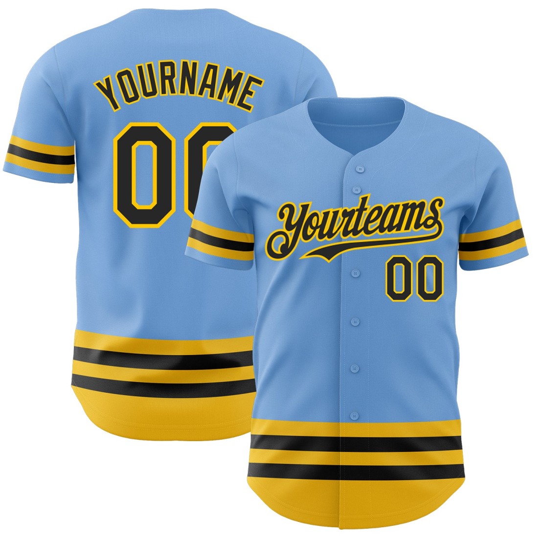 Custom-Light-Blue-Black-Yellow-Line-Authentic-Baseball-Jersey.jpg Custom Light Blue Black-Yellow Line Authentic Baseball Jersey - Image 1